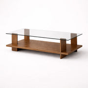 mesa de centro de madera con superficie de vidrio y diseño moderno